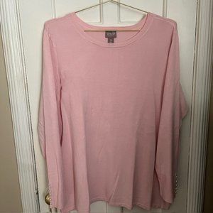 CHICO'S PALE PINK LS TUNIC SWEATER, PEARL BUTTONS ON CUFFS, SIZE 3 (XL 16), NICE